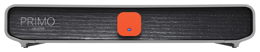 Primo V2 in the Classic finish, from the front: a dark wood-textured panel in a grey frame, with an orange button.