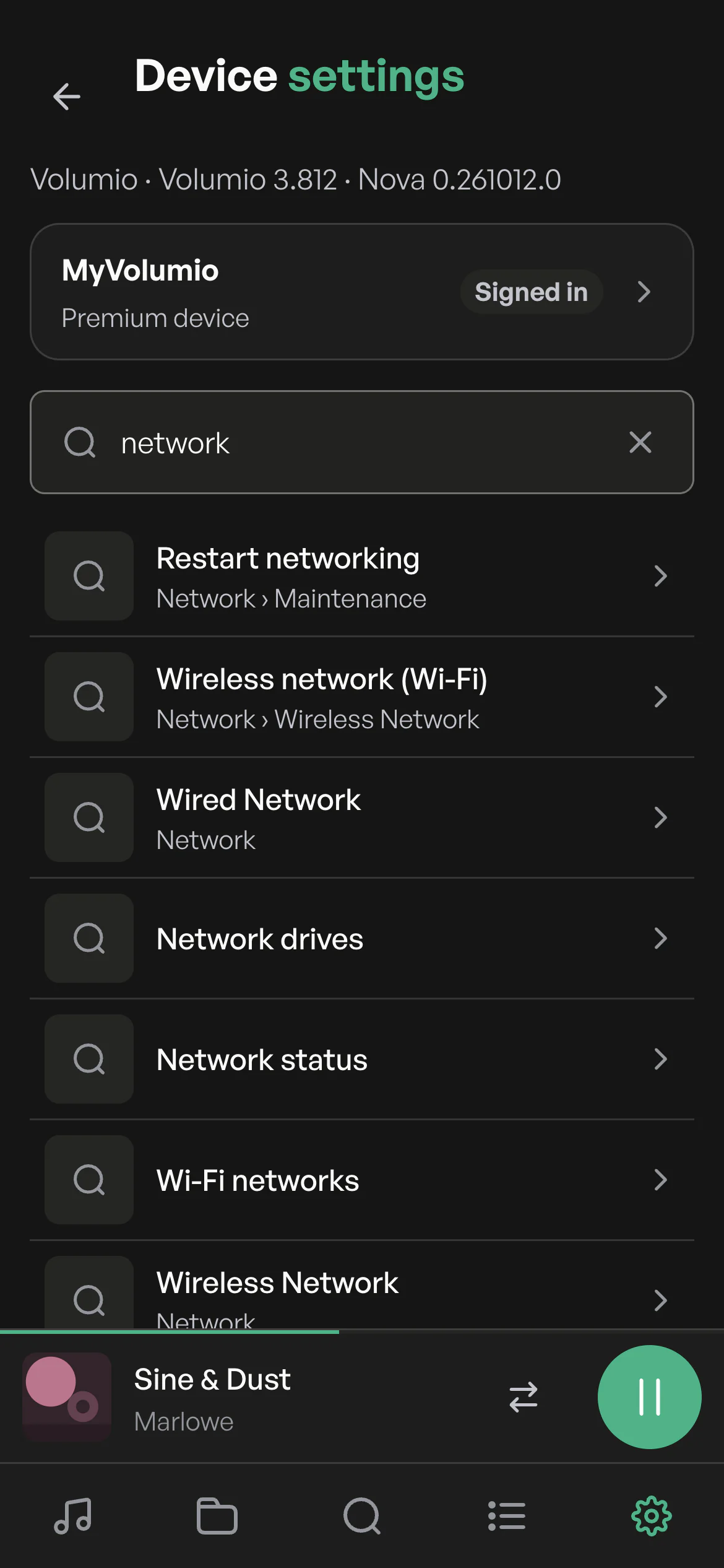 La recherche dans les réglages de Nova pour « network », sur un téléphone.