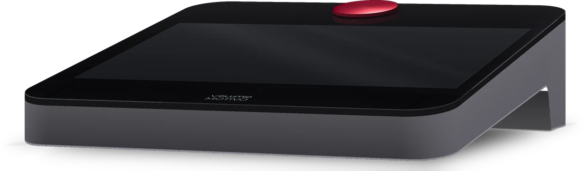 Motivo from the front left: a flat black case with a touch screen and a red button on top.