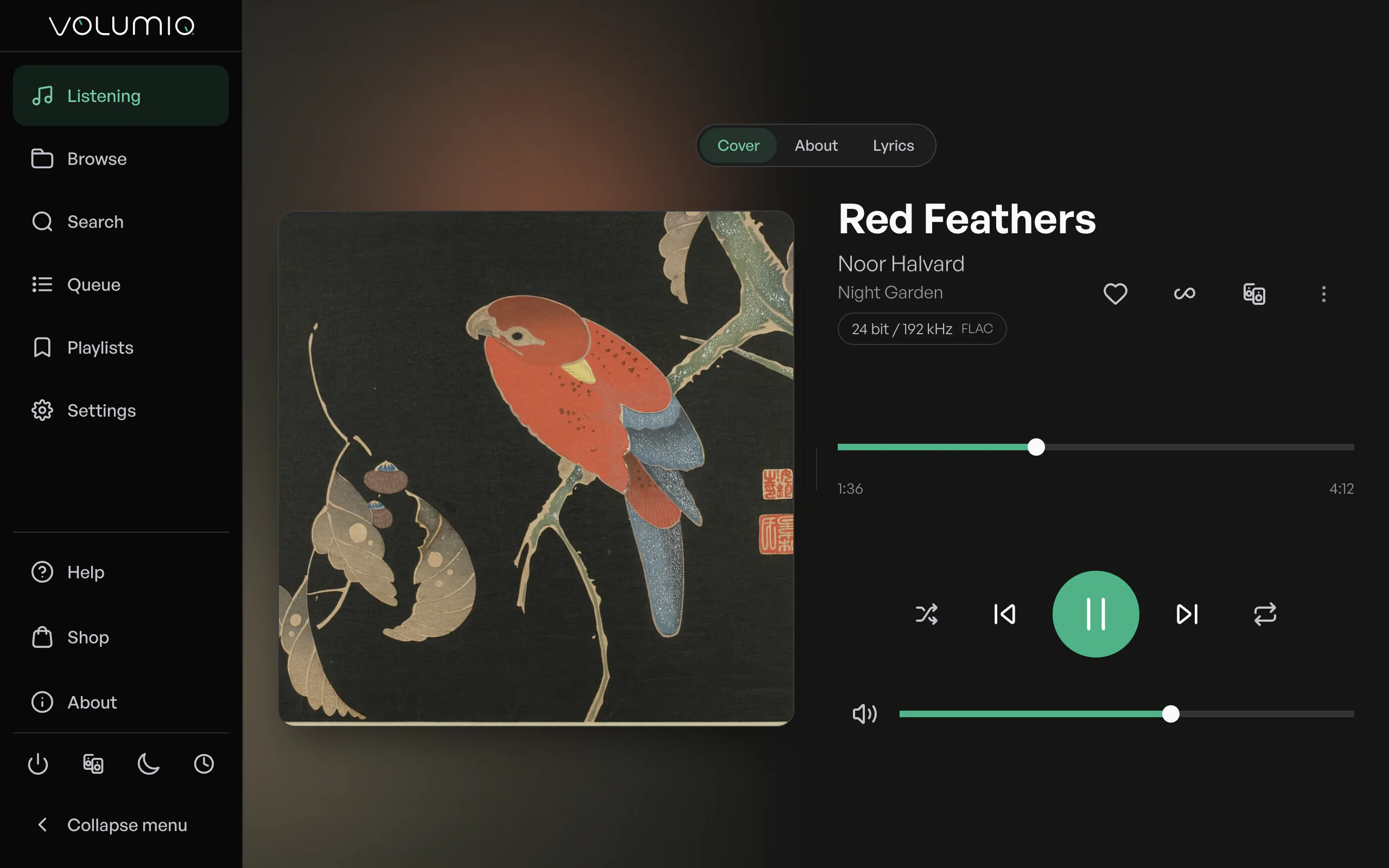 Volumio's Now Playing screen: the album artwork, the track details and the playback controls.