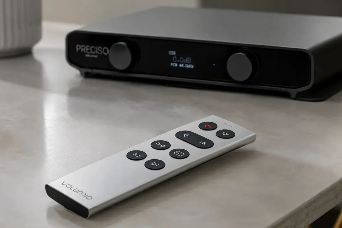 Remoto sobre una mesa de piedra clara, delante de un Preciso gris oscuro cuya pantalla muestra USB, 0.0dB y PCM 44.1kHz.