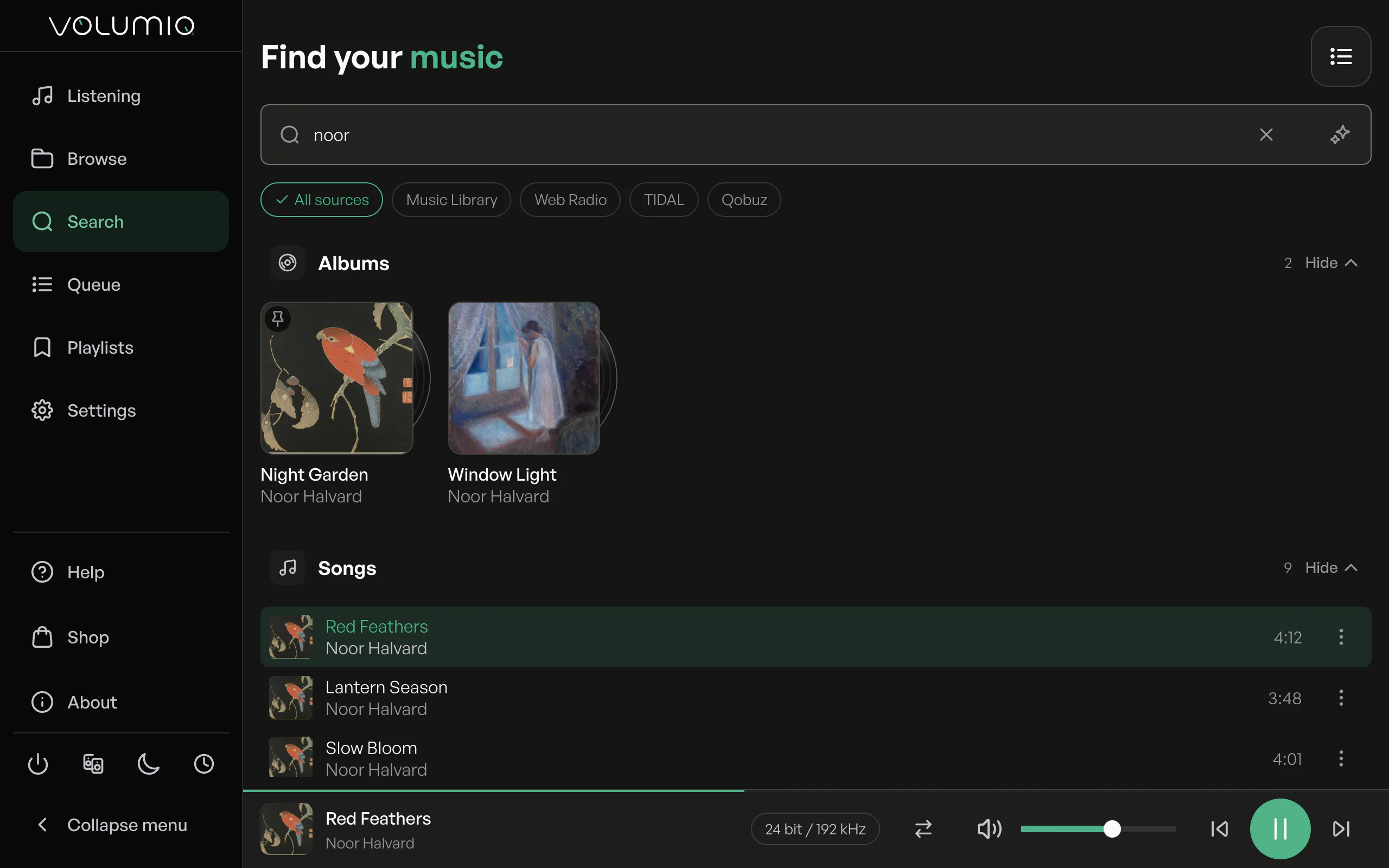 Volumio's search results, grouped into albums and songs.