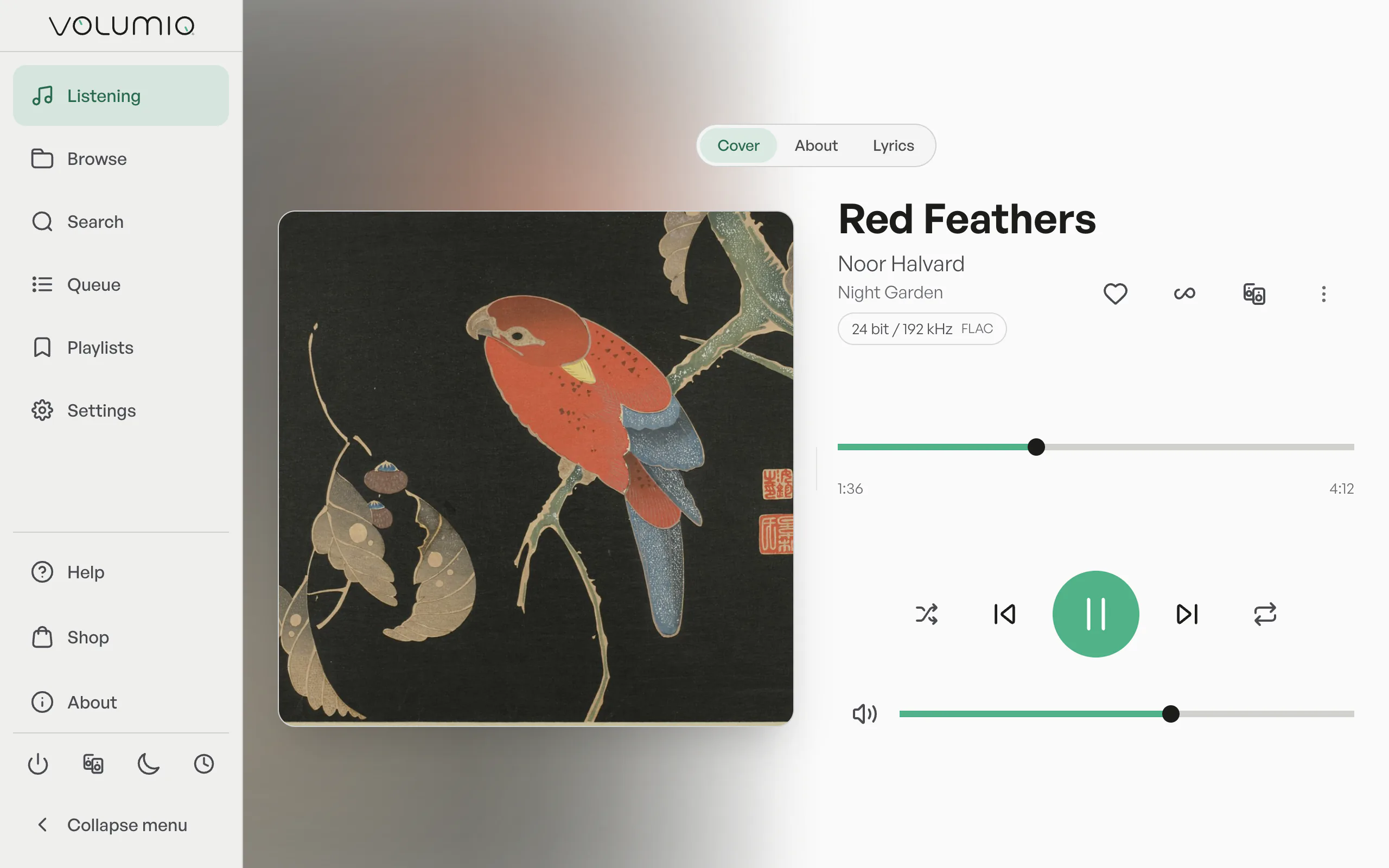 Volumio's Now Playing screen in the light theme.
