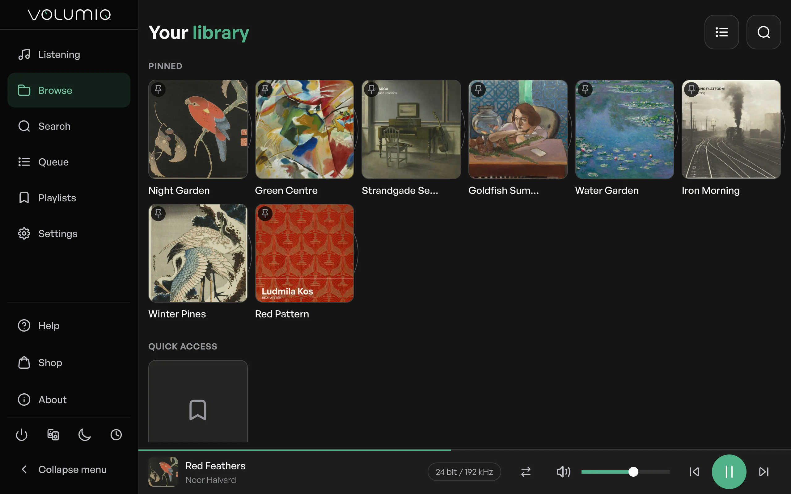 Volumio's Browse screen with pinned albums at the top.