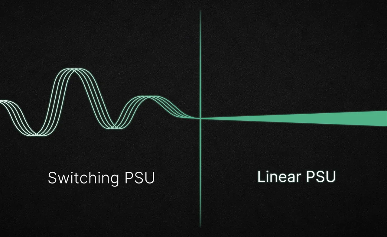 An illustration in two halves. On the left, labelled Switching PSU, a wavy line. On the right, labelled Linear PSU, a straight, steady band.