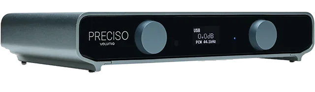 Preciso visto di tre quarti da sinistra: uno chassis grigio scuro con due manopole e un piccolo display.
