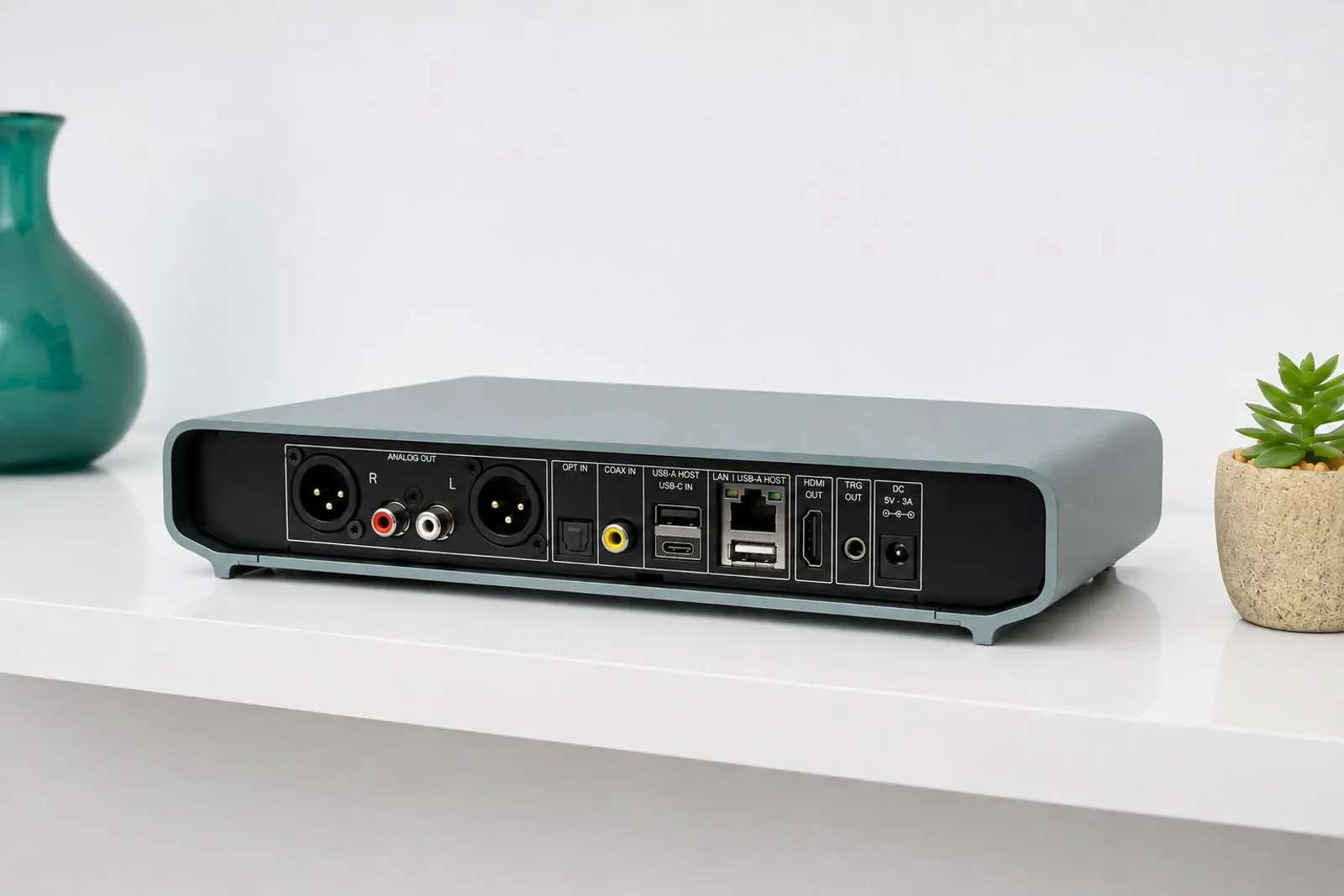 La parte trasera de Primo Plus en una estantería, con sus conexiones de audio, red y USB.