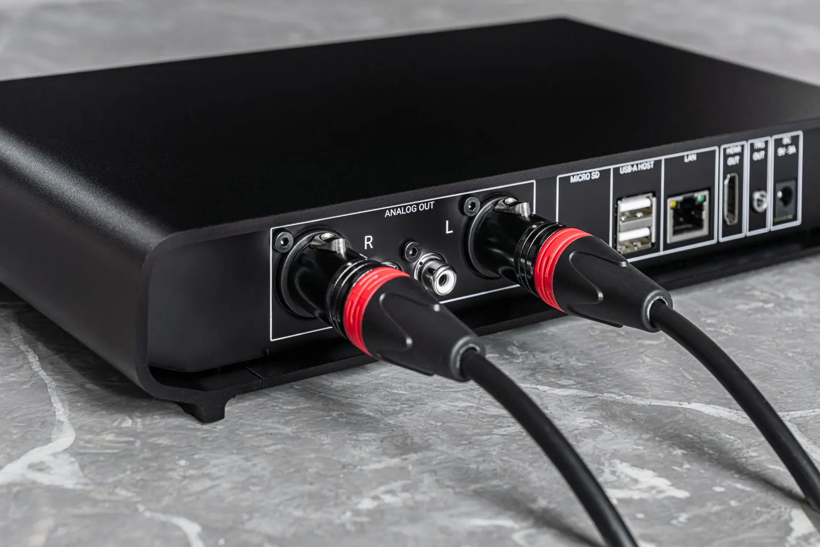 Il retro di Primo V3 su un piano di marmo, con i cavi XLR bilanciati collegati.