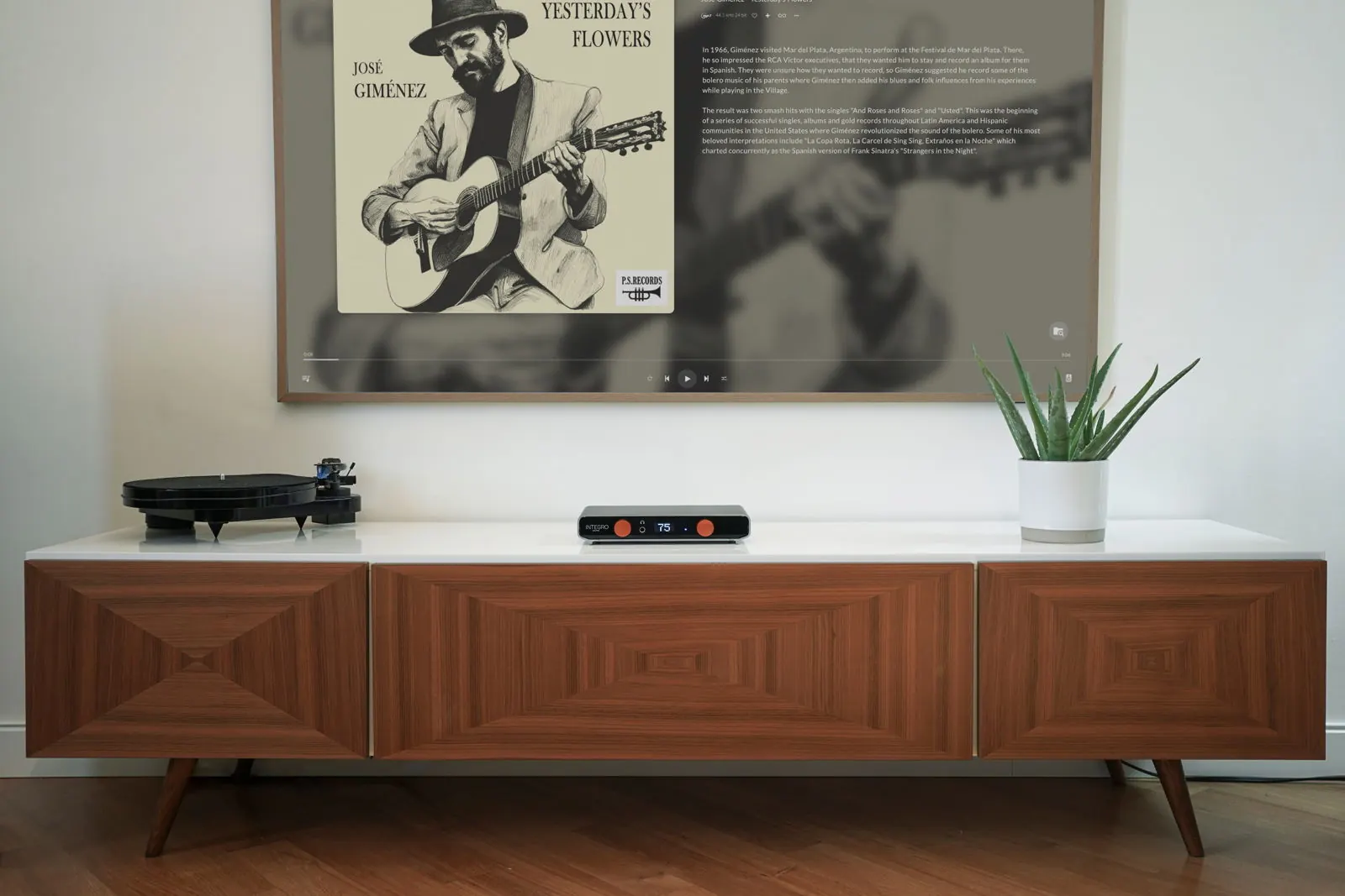 Ein Holz-Sideboard mit Plattenspieler, Integro und einer Pflanze, unter einem Wandfernseher, der Albumcover, Künstlerbiografie und Wiedergabesteuerung zeigt.