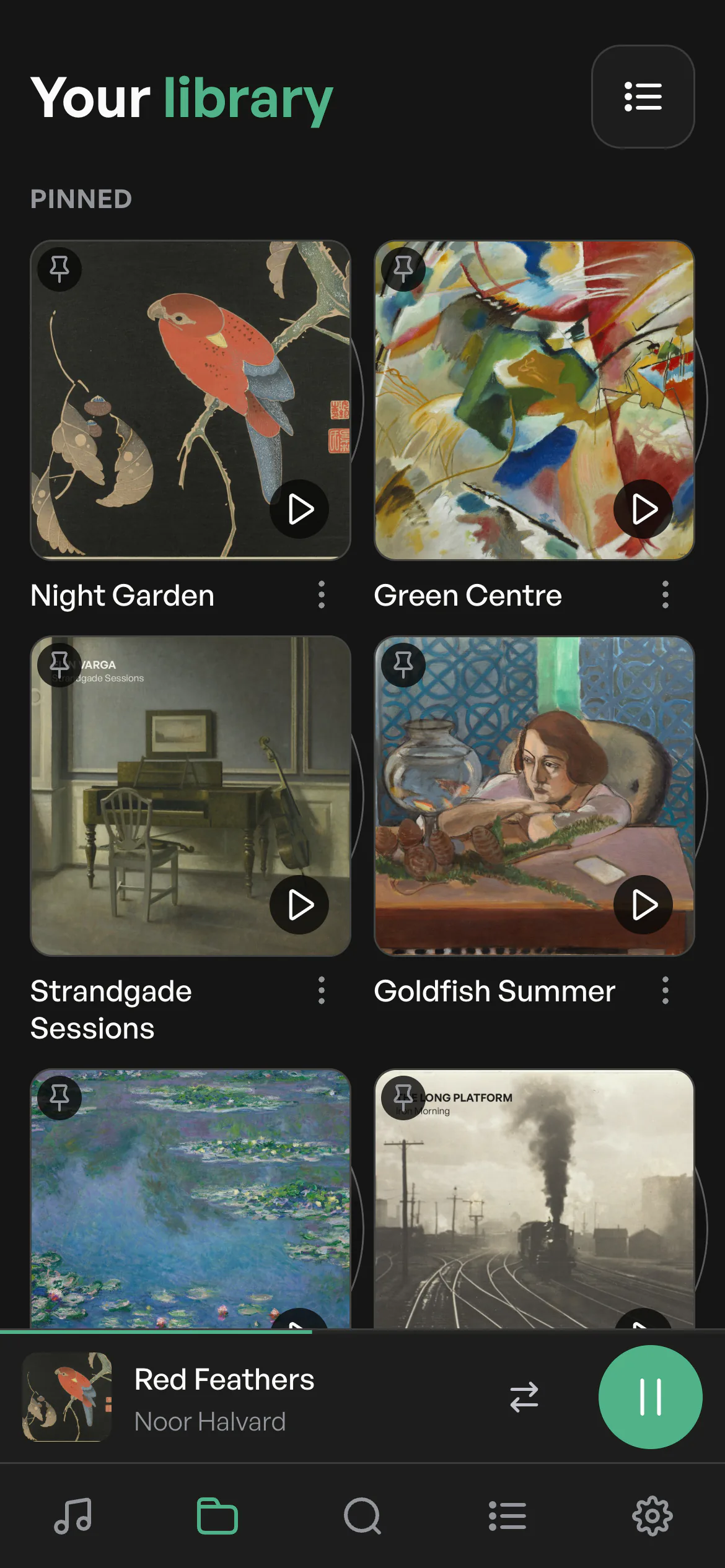 The Volumio app: pinned albums at the top of Browse.