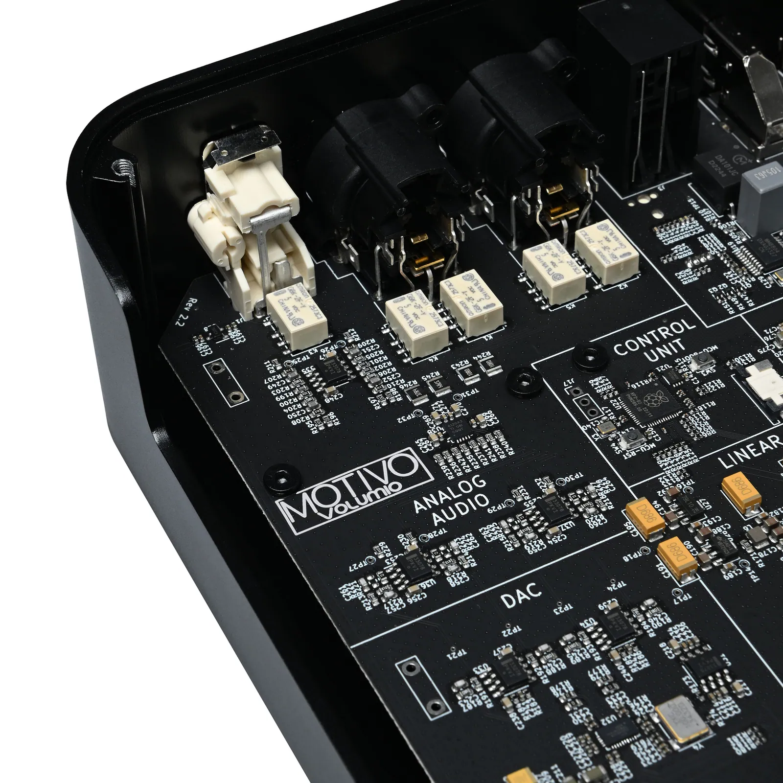 Close-up of the Motivo board behind the XLR outputs, with the Motivo name printed next to the analog audio, DAC, control unit and linear supply sections.