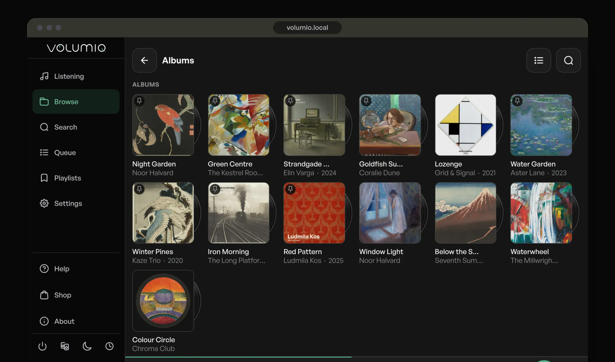 The Volumio interface in a browser window on a computer, with every album shown as its cover.